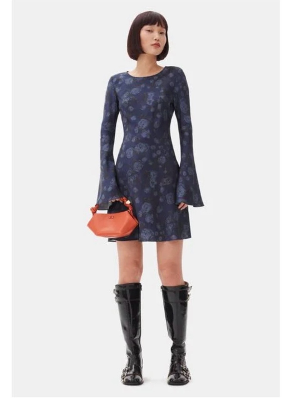 Ganni Navy Floral Mini Dress with Bell Sleeves